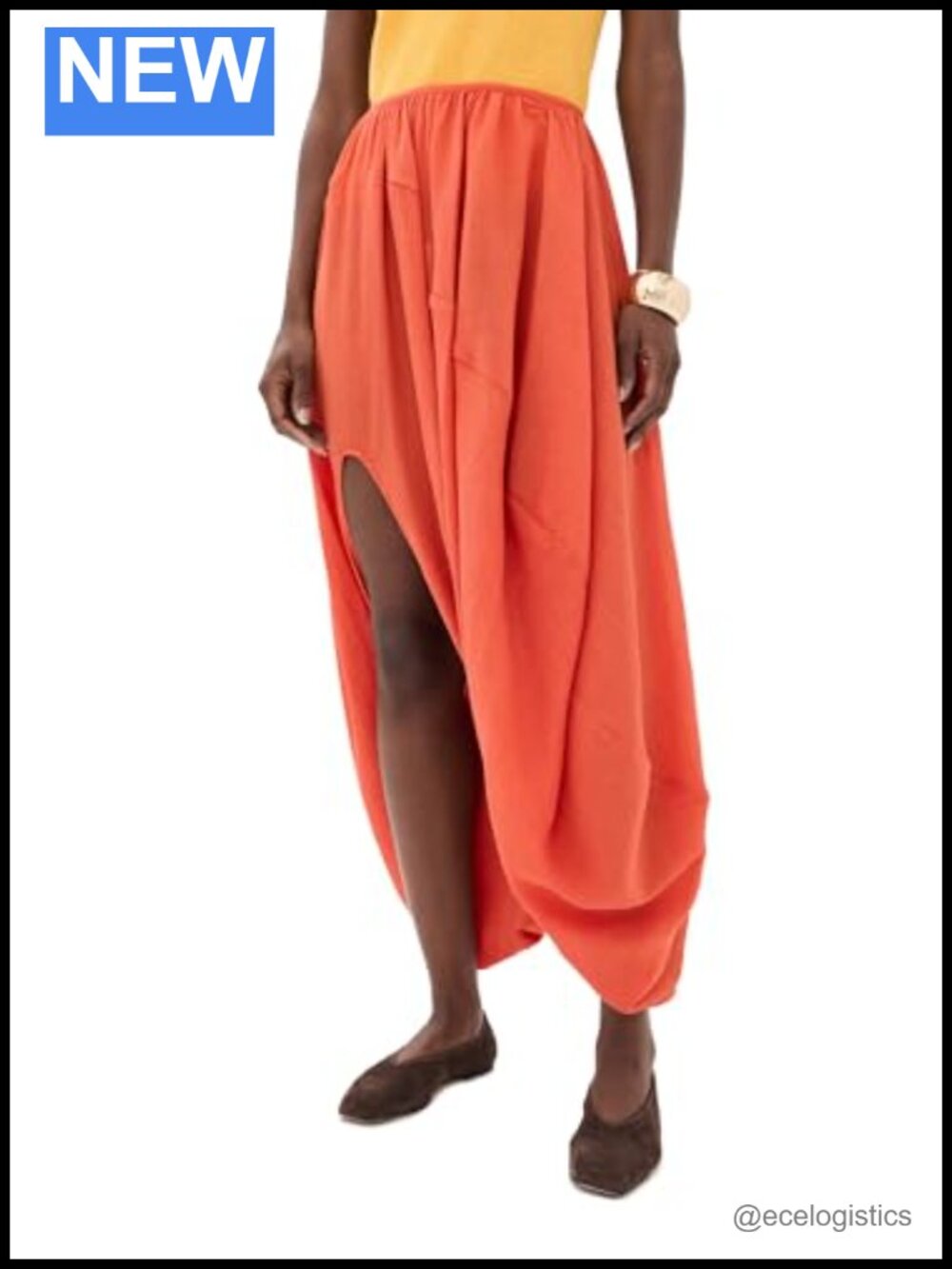 Balloon Midi Skirt Lightweight Crinkle Crepe Paneled Side Slit